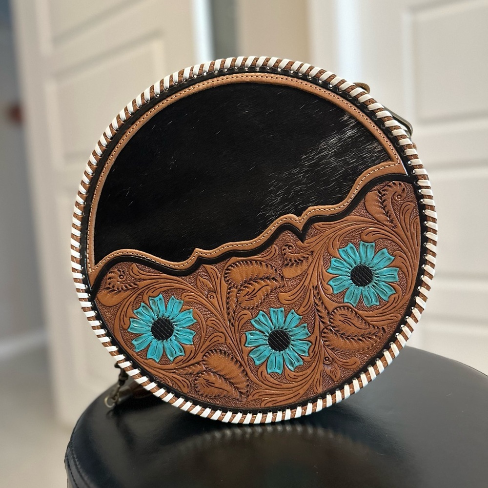 Buckle Black and Brown Crossbody Bag with Turquoise Accents